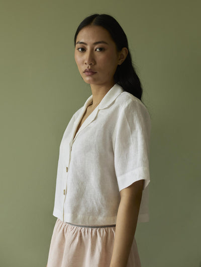 Kiera Cuban Collar Linen Shirt-Ivory
