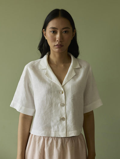 Kiera Cuban Collar Linen Shirt-Ivory
