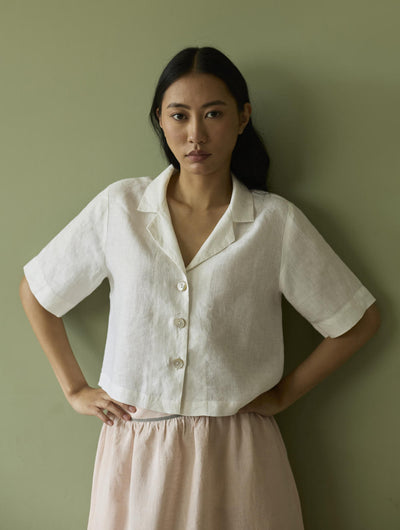 Kiera Cuban Collar Linen Shirt-Ivory