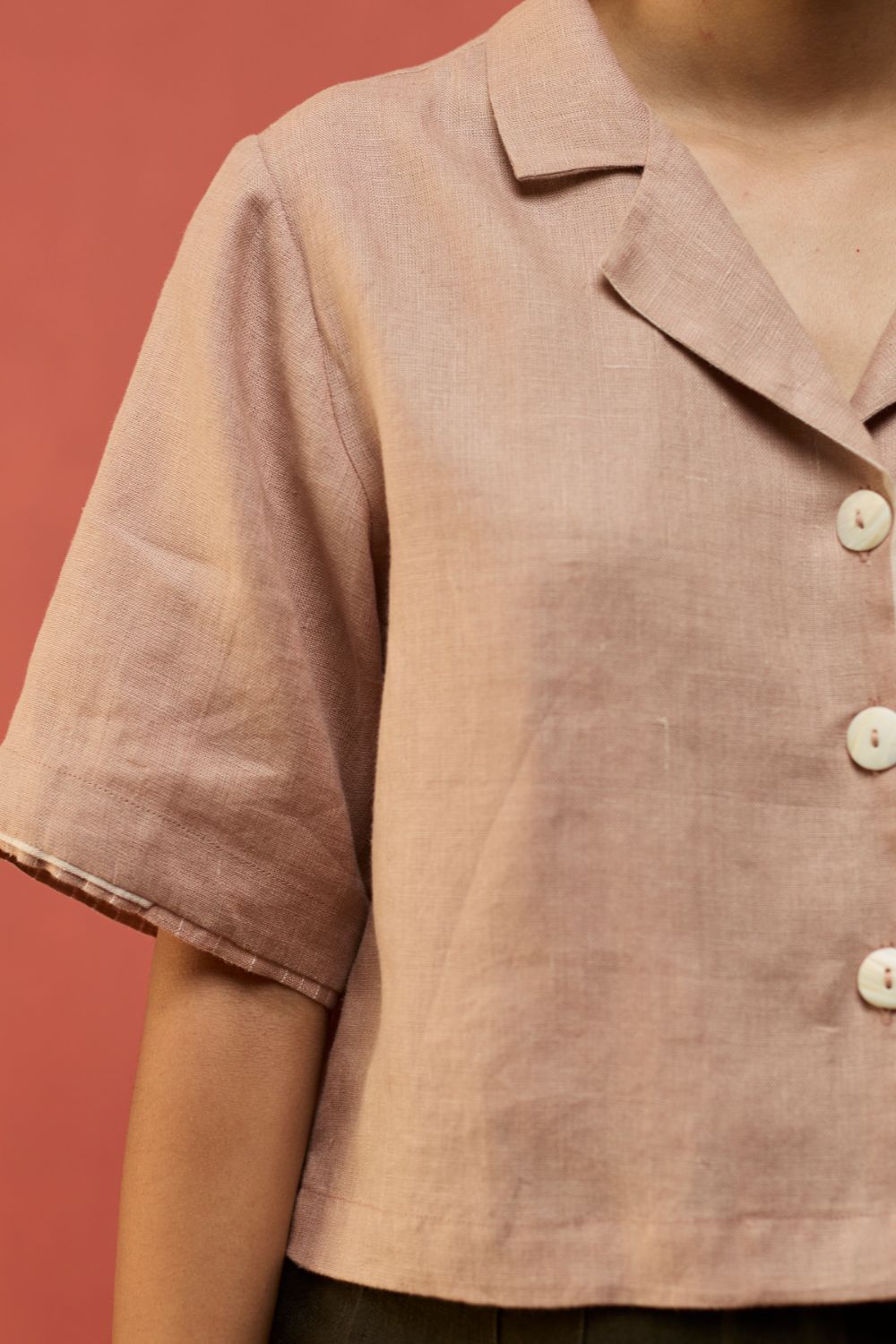 Kiera Cuban Collar Linen Shirt - Dusty Rose