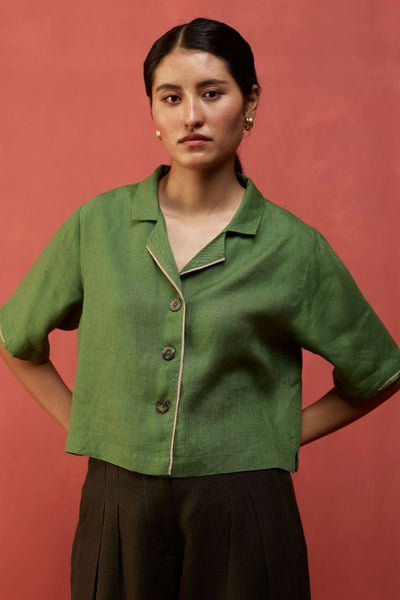 Kiera Cuban Collar Linen Shirt - Fern Green
