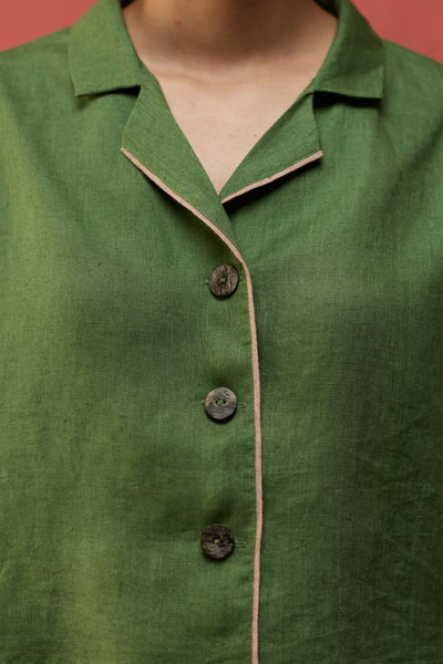 Kiera Cuban Collar Linen Shirt - Fern Green