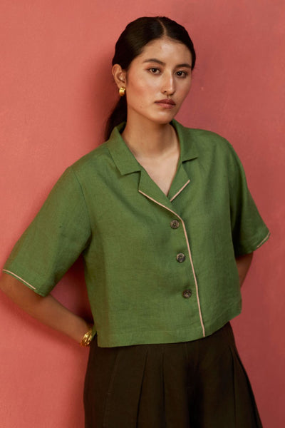 Kiera Cuban Collar Linen Shirt - Fern Green
