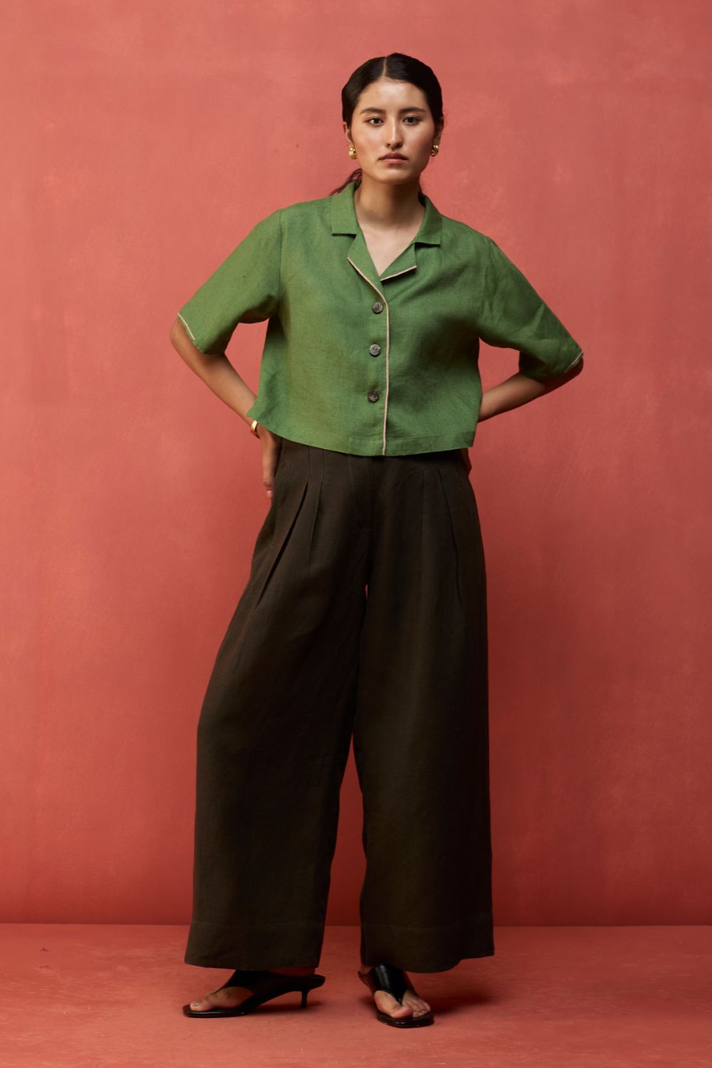 Kiera Cuban Collar Linen Shirt - Fern Green