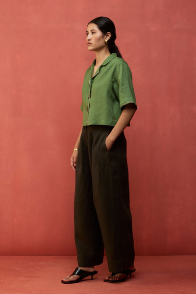 Kiera Cuban Collar Linen Shirt - Fern Green