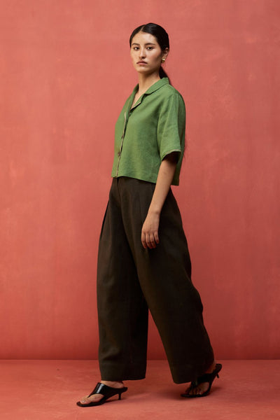 Kiera Cuban Collar Linen Shirt - Fern Green