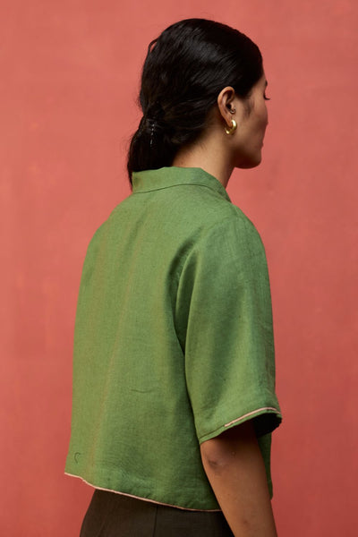 Kiera Cuban Collar Linen Shirt - Fern Green