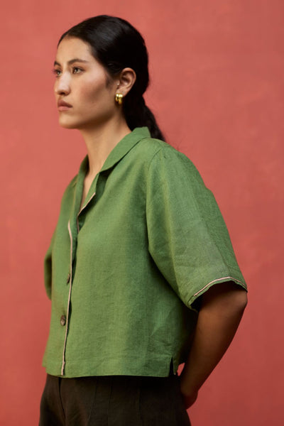 Kiera Cuban Collar Linen Shirt - Fern Green