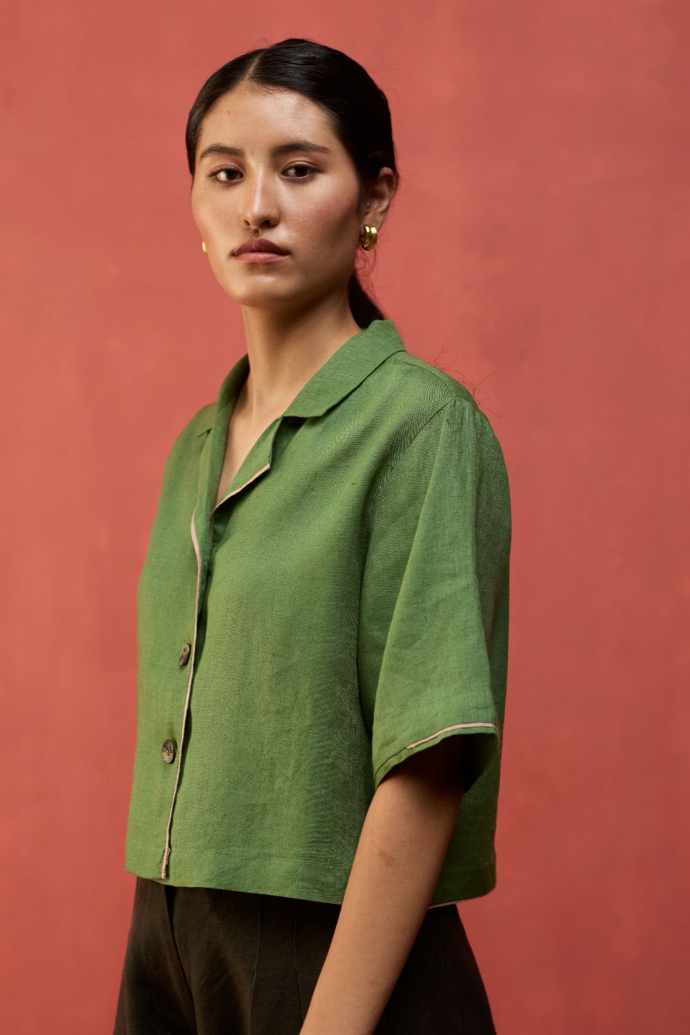 Kiera Cuban Collar Linen Shirt - Fern Green