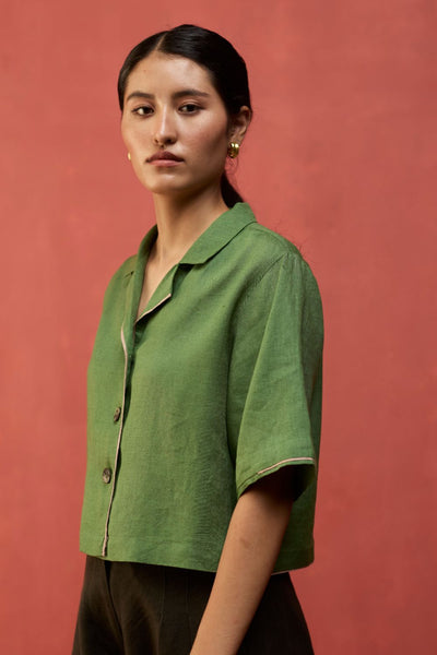 Kiera Cuban Collar Linen Shirt - Fern Green