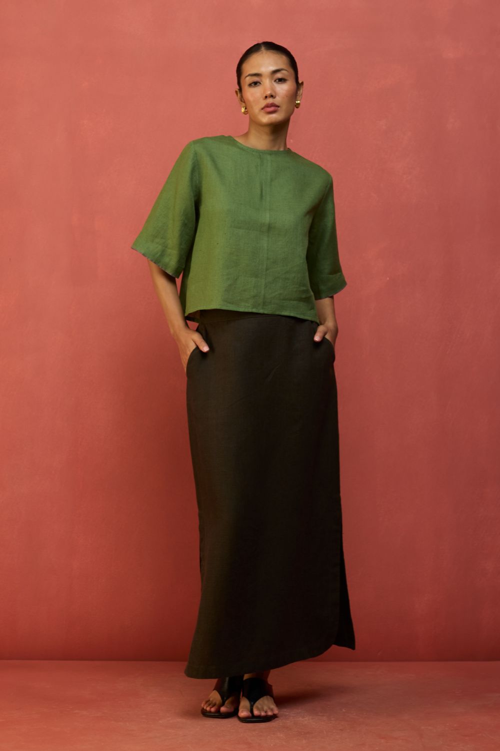 Mariko Cropped Linen Top - Fern Green