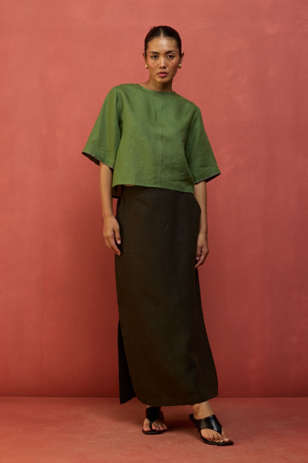 Mariko Cropped Linen Top - Fern Green