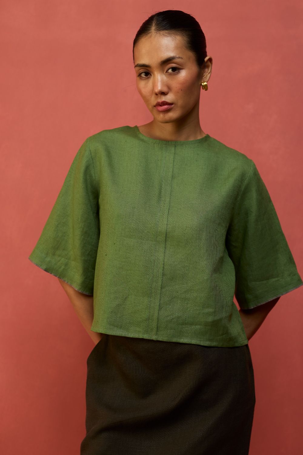 Mariko Cropped Linen Top - Fern Green