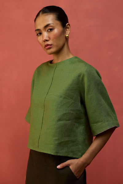 Mariko Cropped Linen Top - Fern Green