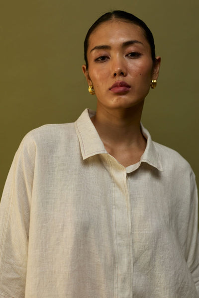 Sumire Curved Hem Linen Top - Off White