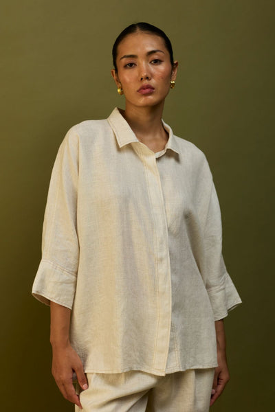 Sumire Curved Hem Linen Top - Off White