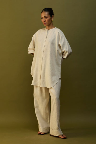 Sumire Curved Hem Linen Top - Off White