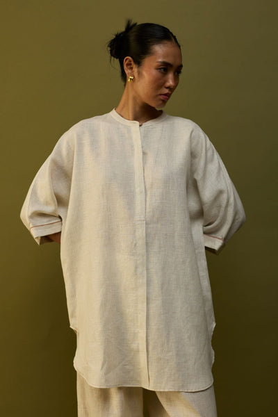 Sumire Curved Hem Linen Top - Off White