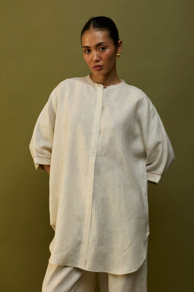 Sumire Curved Hem Linen Top - Off White