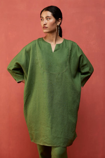 Etsu Yoke Linen Kurta - Fern Green