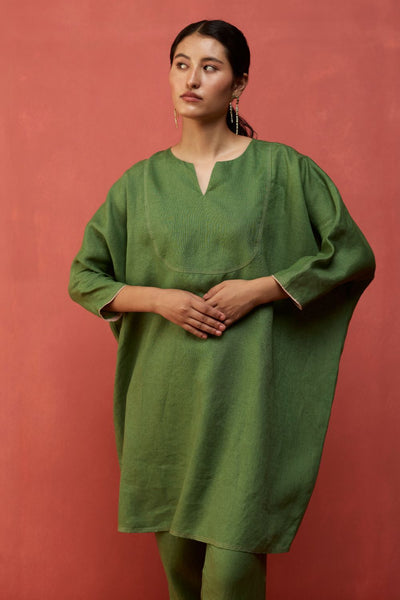 Etsu Yoke Linen Kurta - Fern Green
