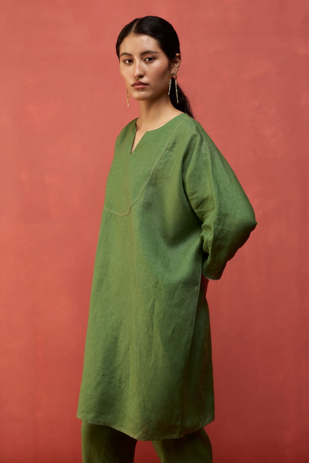 Etsu Yoke Linen Kurta - Fern Green