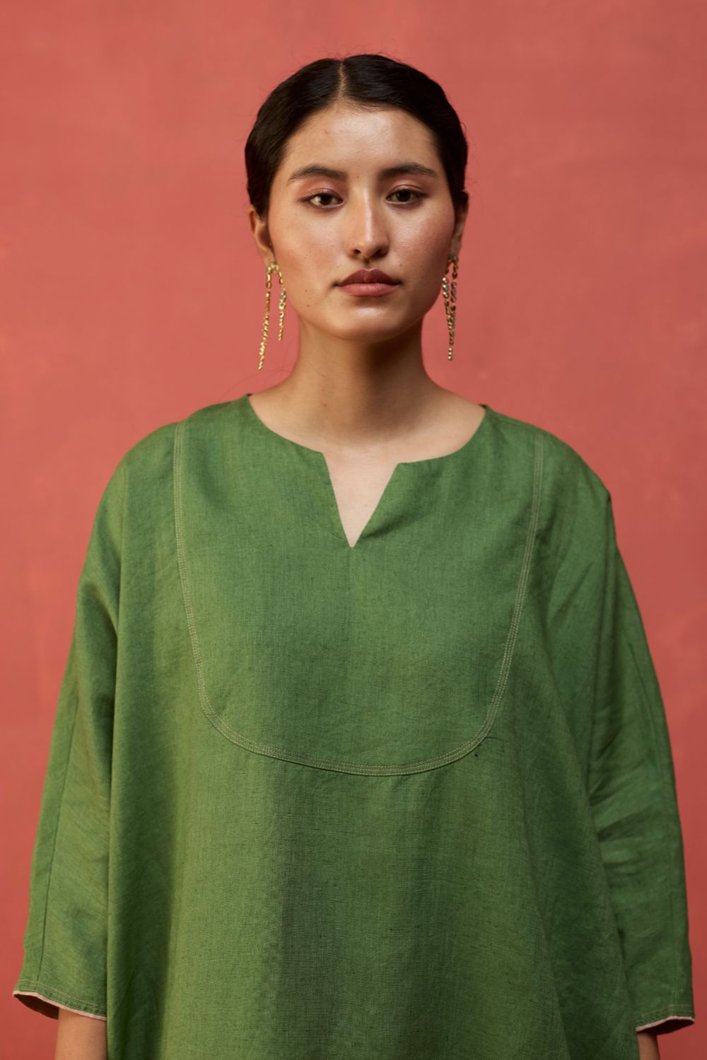 Etsu Yoke Linen Kurta - Fern Green