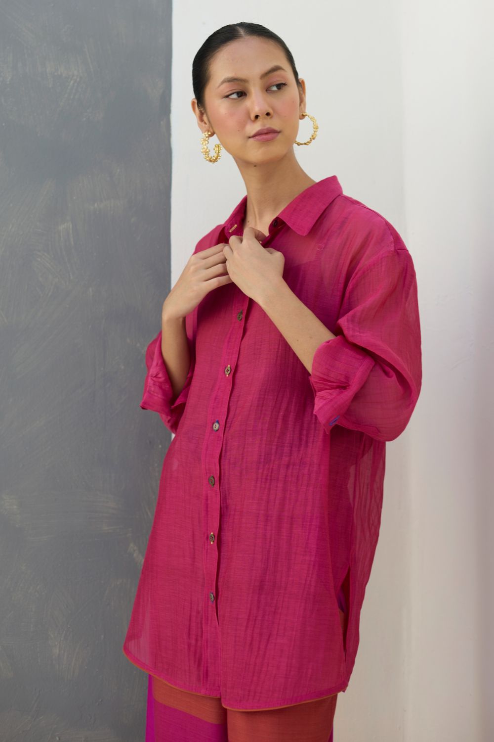 Nazo Sheer Silk Chanderi Shirt -  Rose
