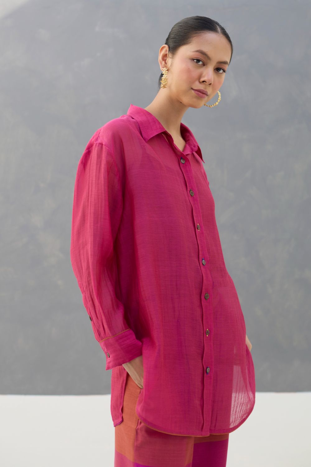 Nazo Sheer Silk Chanderi Shirt -  Rose
