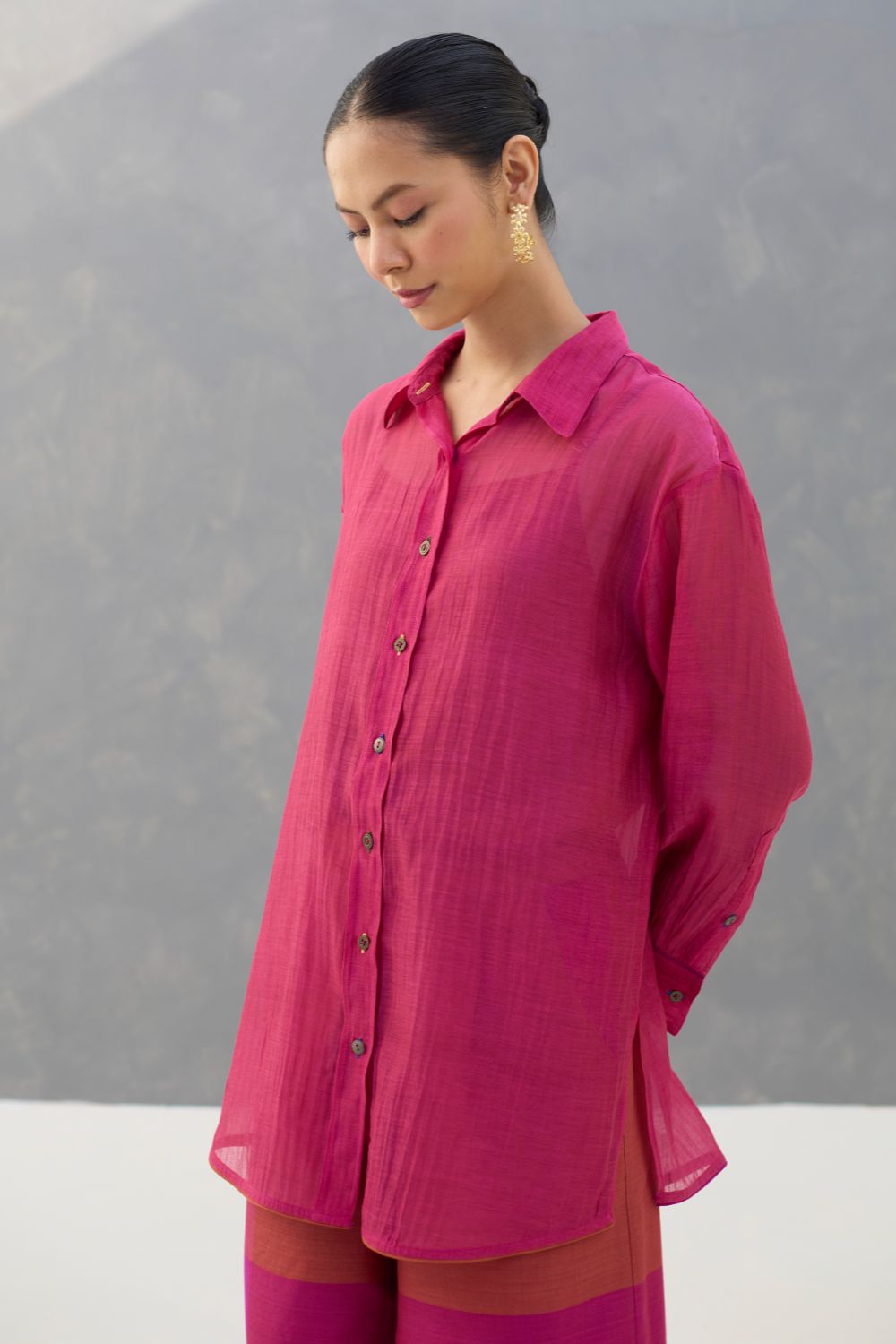 Nazo Sheer Silk Chanderi Shirt -  Rose