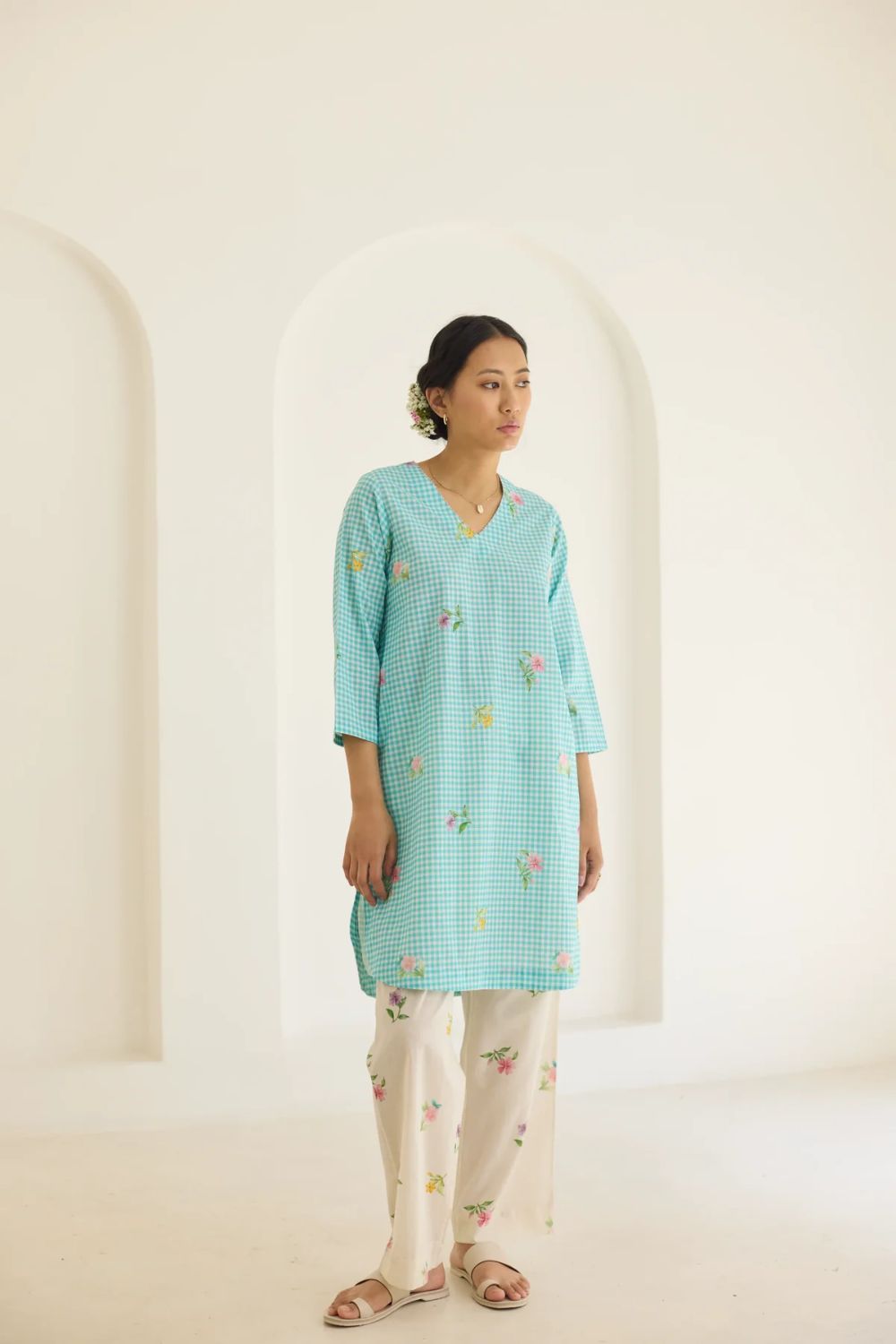 Blue Checks, Mallow Pants Short Kurta Set - V neck