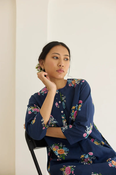 Deep Blue Floral Bunch Mid Kurta Set