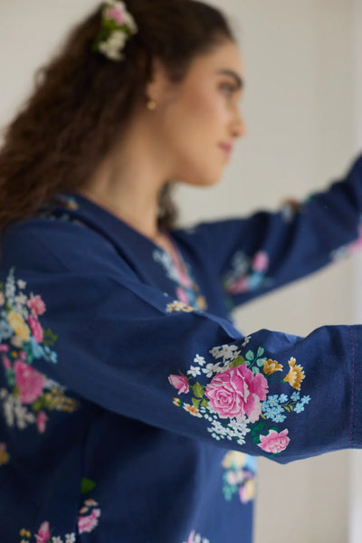Deep Blue Floral Bunch Short Kurta Set - V neck