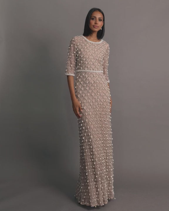 Pink Pearl Embellished 3/4 Sleeve Gown