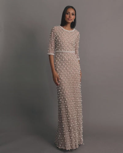 Pink Pearl Embellished 3/4 Sleeve Gown