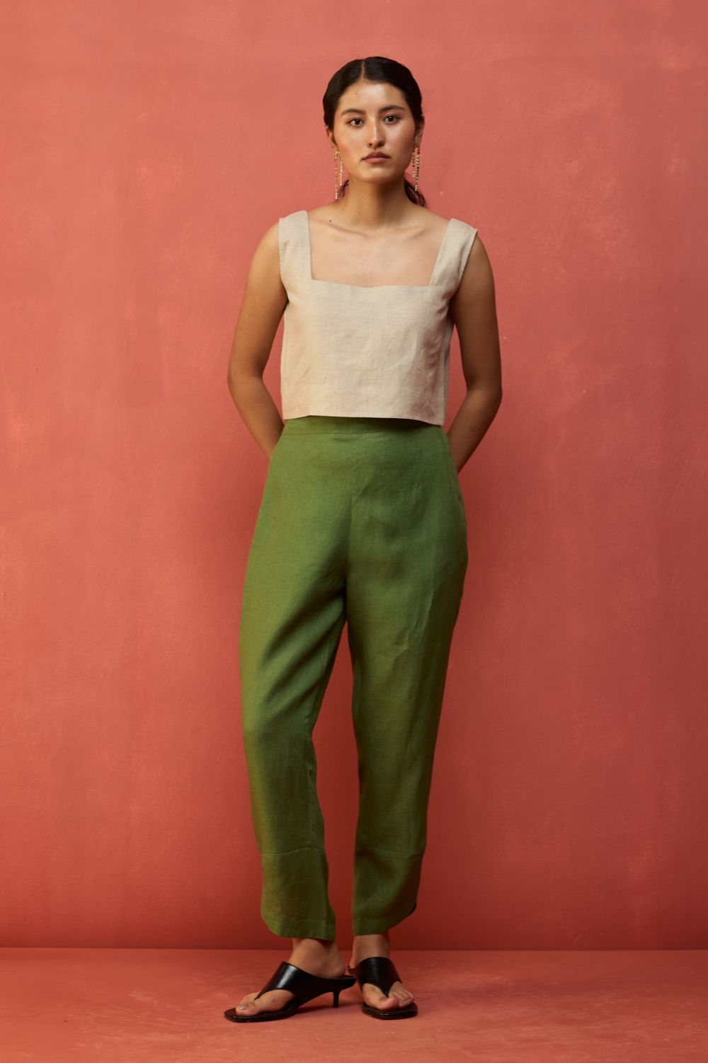 Ikis Overlapping Hem Linen Pants - Fern Green