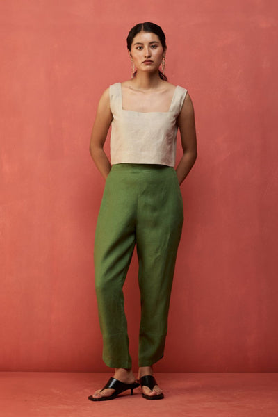 Ikis Overlapping Hem Linen Pants - Fern Green