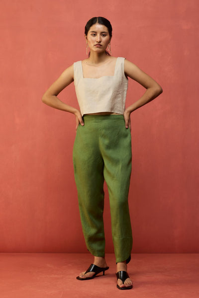 Ikis Overlapping Hem Linen Pants - Fern Green