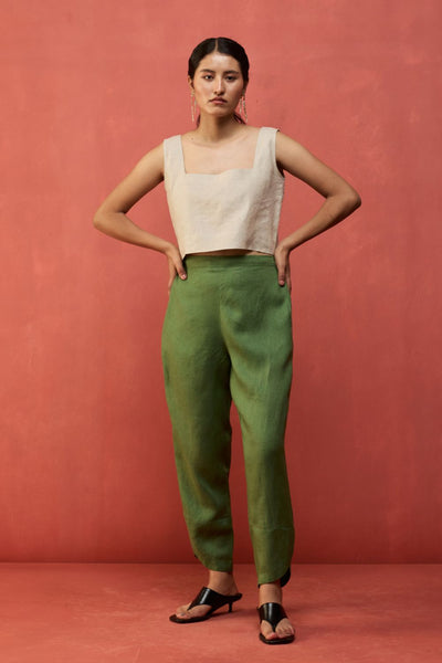 Ikis Overlapping Hem Linen Pants - Fern Green