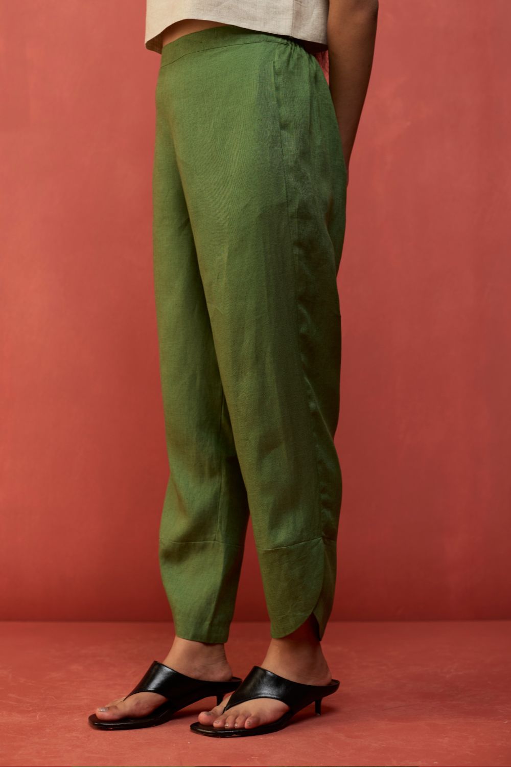 Ikis Overlapping Hem Linen Pants - Fern Green