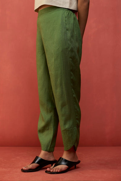 Ikis Overlapping Hem Linen Pants - Fern Green