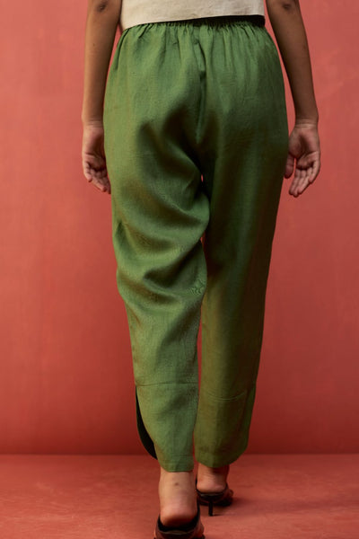 Ikis Overlapping Hem Linen Pants - Fern Green