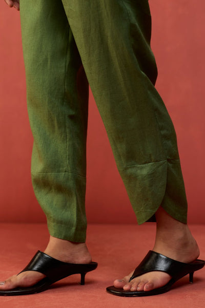 Ikis Overlapping Hem Linen Pants - Fern Green
