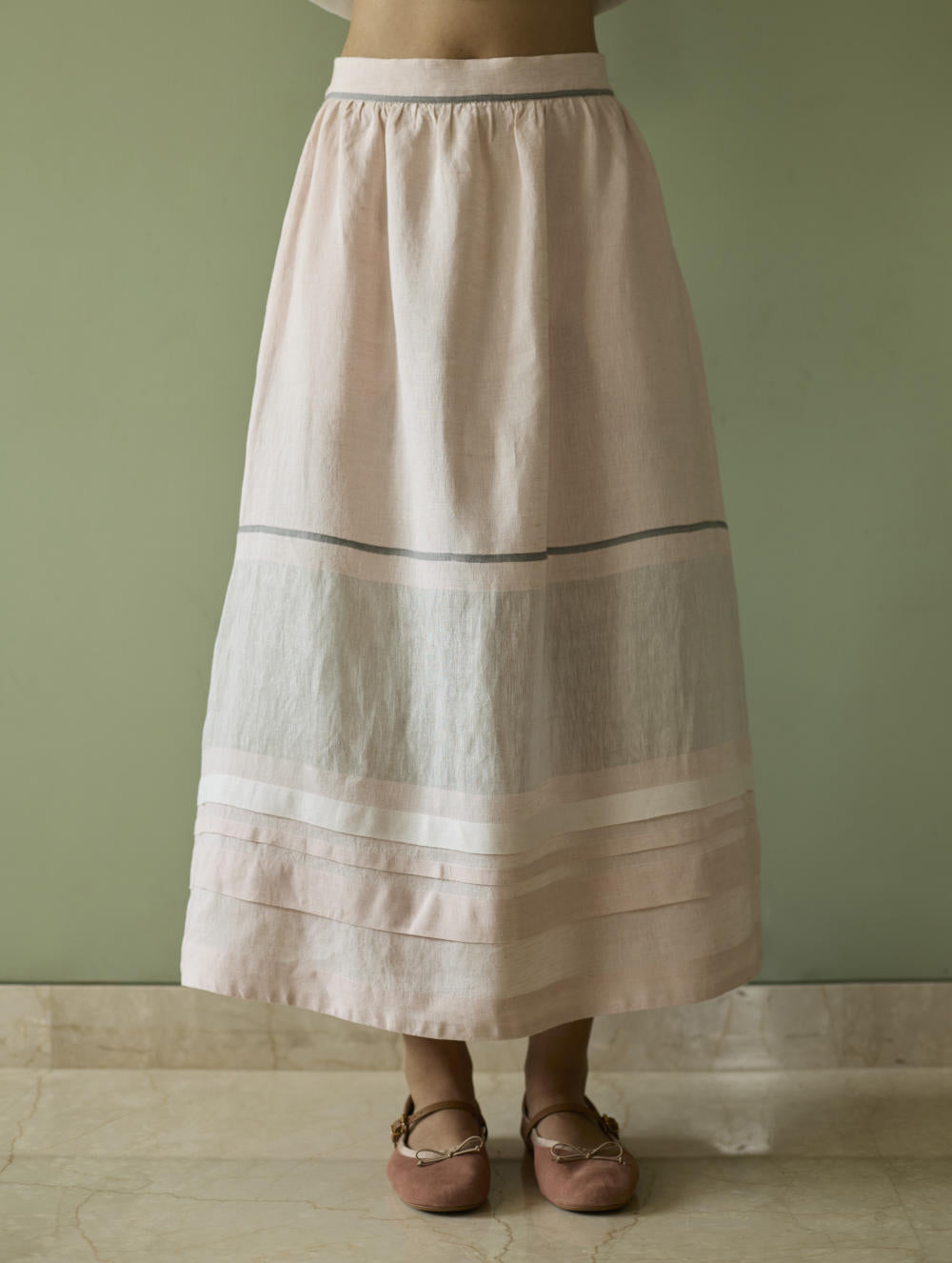 Ora Pleated Border Linen Skirt-Blush