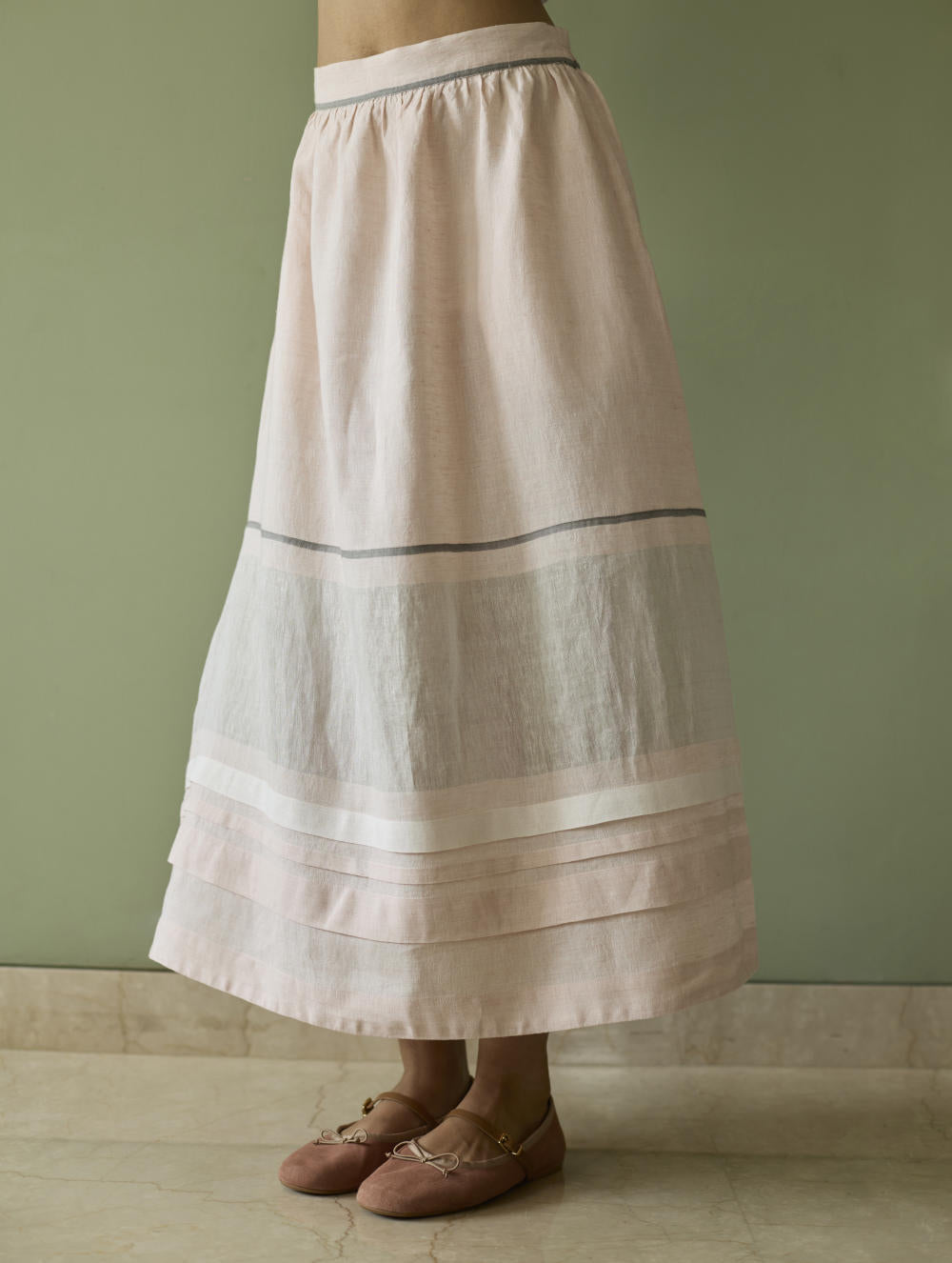 Ora Pleated Border Linen Skirt-Blush