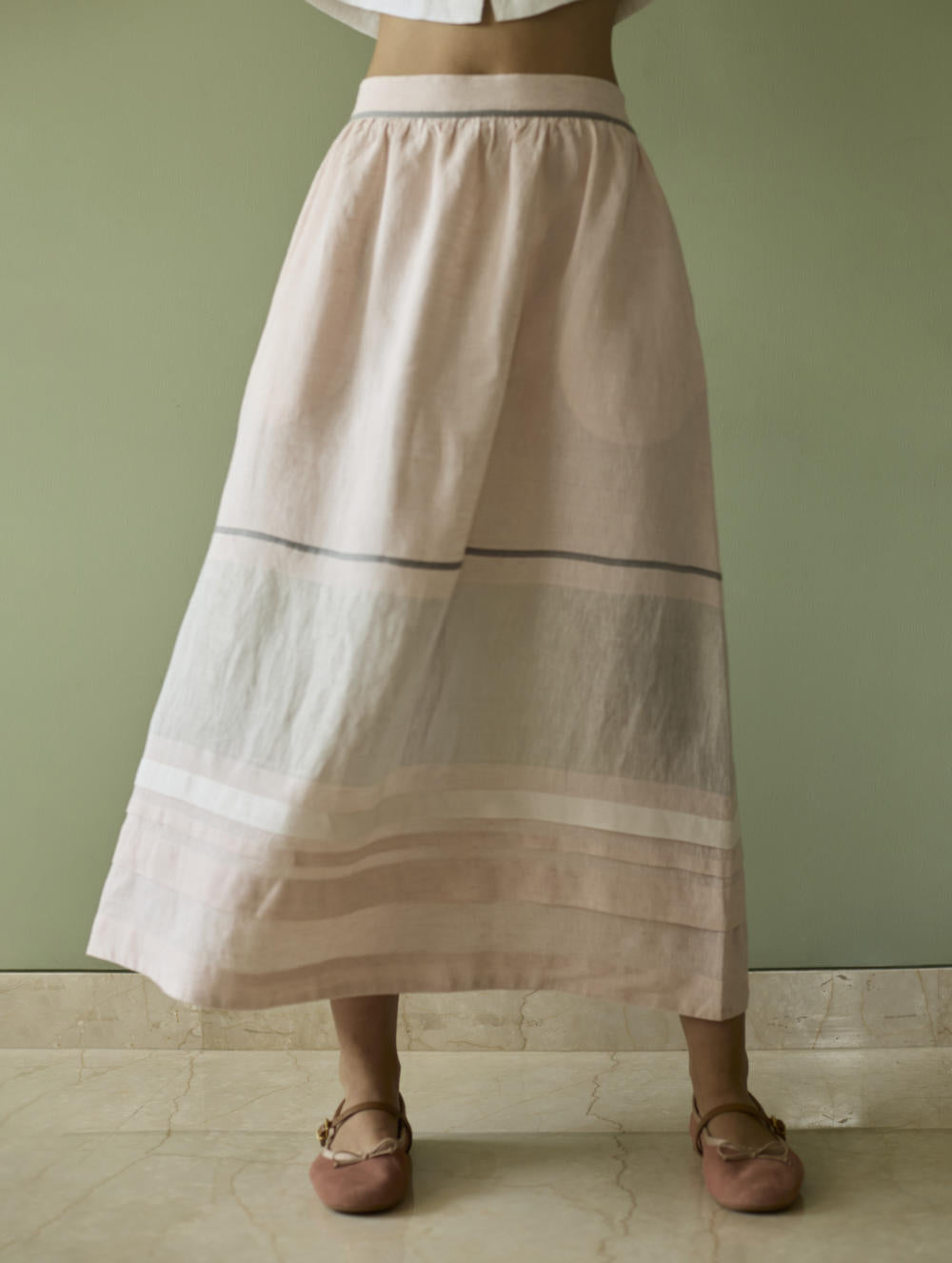 Ora Pleated Border Linen Skirt-Blush
