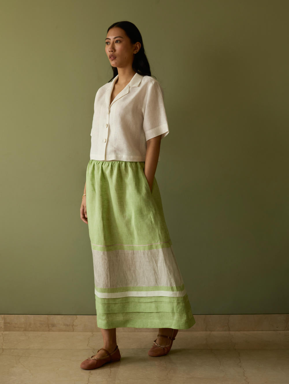 Ora Pleated Border Linen Skirt-Meadow