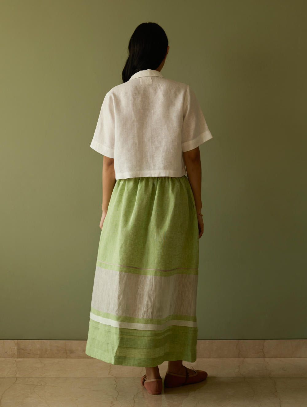 Ora Pleated Border Linen Skirt-Meadow