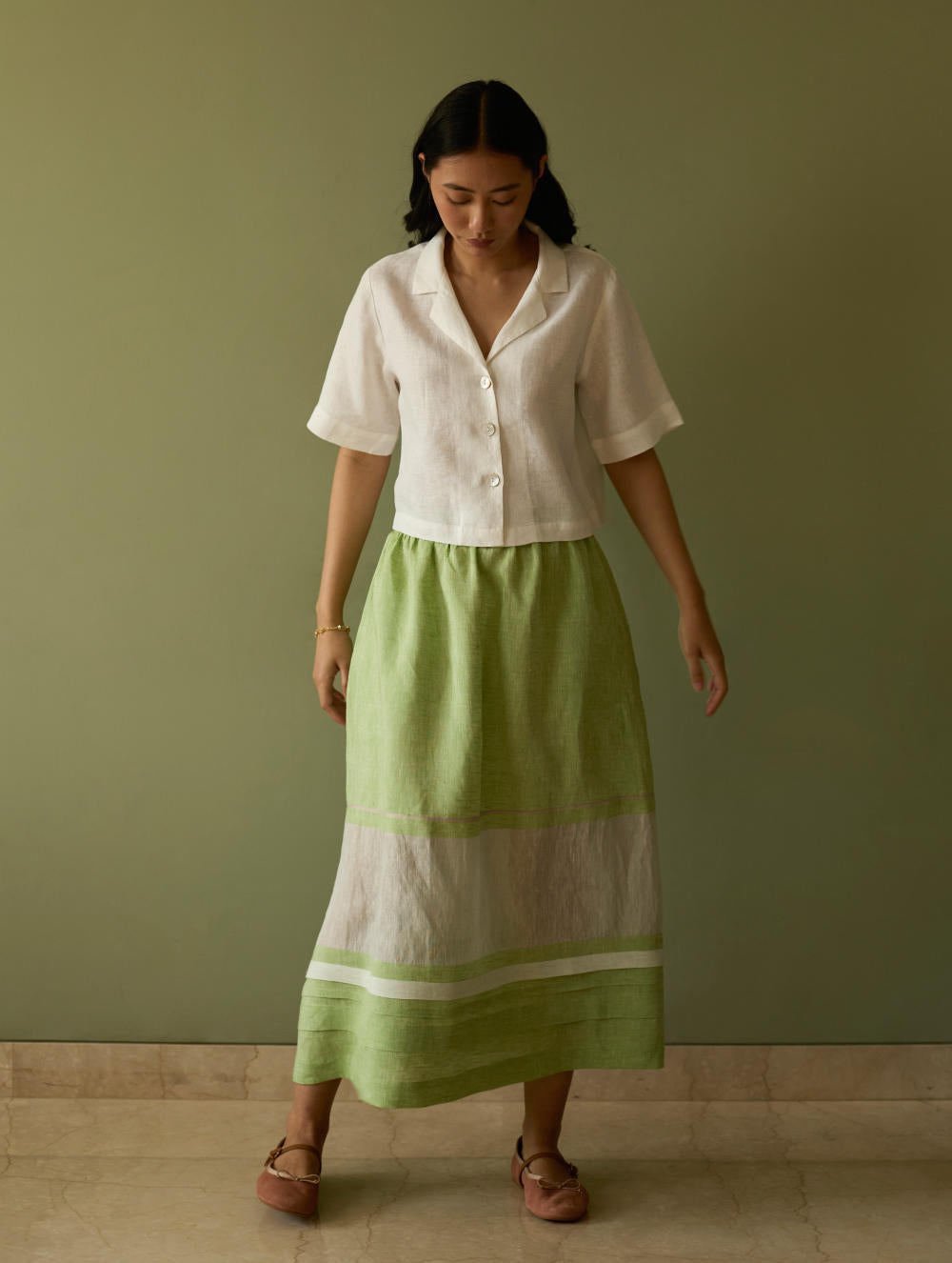 Ora Pleated Border Linen Skirt-Meadow