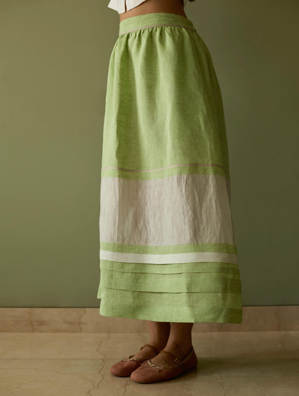 Ora Pleated Border Linen Skirt-Meadow